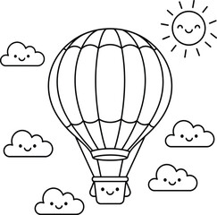 This charming illustration showcases a joyful hot air balloon soaring through the sky, surrounded by smiling clouds and a cheerful sun. Perfect for coloring, this delightful design encourages creativi