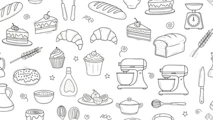 Hand-drawn seamless pattern of baking and pastry illustrations, doodle art