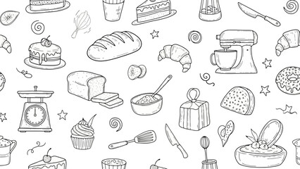 Hand-Drawn Bakery and Baking Supplies Seamless Pattern Vector Art