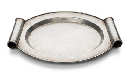 Old Distressed Oval Pewter Tray or Platter with Rolled Handles on a Clean White Background, Antique Metallic Dish
