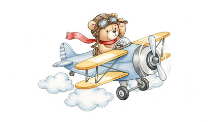 Cute Watercolor Teddy Bear Pilot Flying a Blue and Yellow Biplane Through Fluffy Clouds, Adorable Cartoon Aviation Illustration