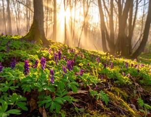Fototapeta premium Woodland scene illuminated by sunbeams through trees. Purple wildflowers bloom amidst lush greenery, with soft focus
