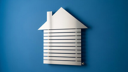 Modern Silver House-Shaped Radiator Mounted on a Vibrant Blue Wall, Representing Home Heating and Energy Efficiency