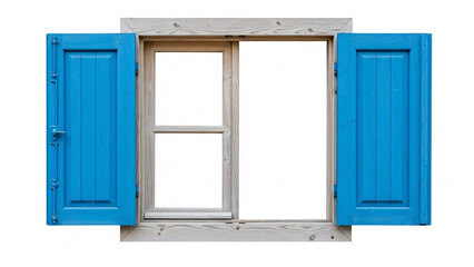 Traditional Wooden Window with Bright Blue Shutters Wide Open on a Clean White Background, Rustic Home Exterior Element