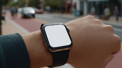 Person checks smartwatch with blank screen in an urban outdoor setting.
