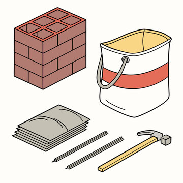 Brick wall construction tools bucket mortar trowel