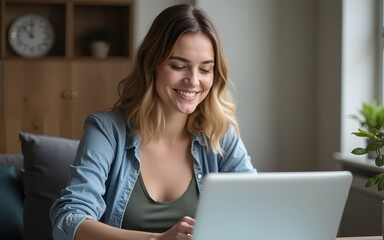 woman is using laptop for remote conversation. High quality