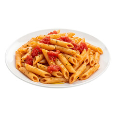 Penne Pasta with Tomato Sauce and Herbs on a White Plate