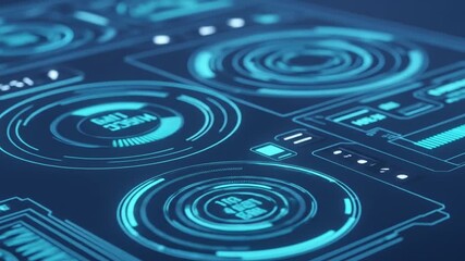 Close-up of a futuristic digital interface with glowing blue HUD elements and data - Powered by Adobe