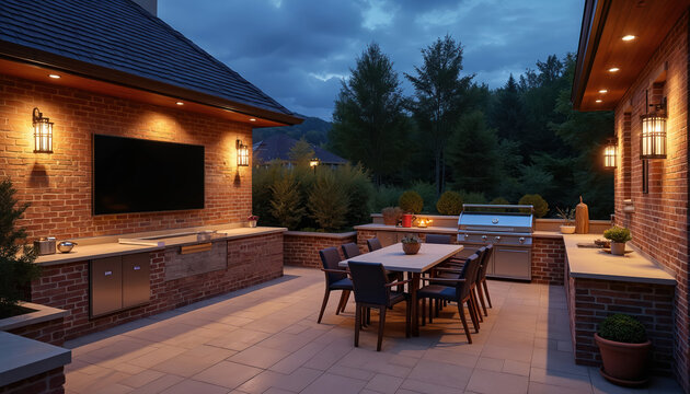Brick outdoor kitchen with grill bar dining table TV. Features modern counter and seating. Lights illuminate patio space at dusk. Perfect for backyard entertaining and summer parties.