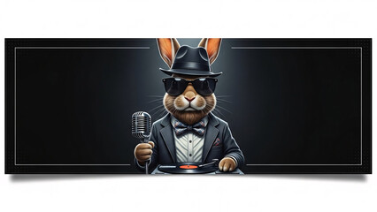 Cool Anthropomorphic Rabbit DJ Wearing a Suit, Hat, and Sunglasses, Holding a Retro Microphone and Playing Vinyl on a Dark Background Banner