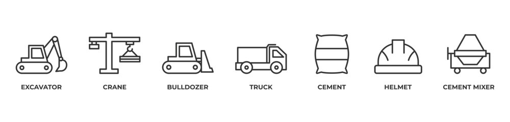 Heavy Construction Essentials Icons set vector illustration outline with Excavator, Crane, Bulldozer, Truck, Cement, Helmet, Cement mixer