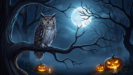 Eerie Halloween Owl Perched on a Spooky Tree Branch Under a Full Moon with Jack-o'-Lanterns in a Dark Enchanted Forest