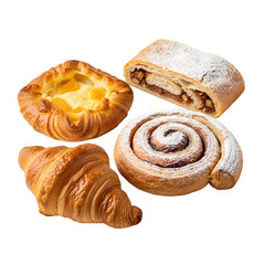 Fototapeta premium Assorted Baked Pastries and Croissants on White Background