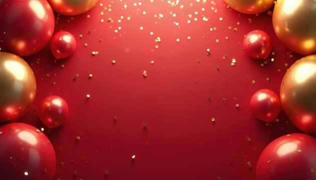 Red and gold balloons float on a deep red background speckled with gold confetti. This festive scene is perfect for celebrations, parties, or special events.