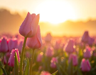 Close-up of pink tulips in a sunlit field, with morning dew drops