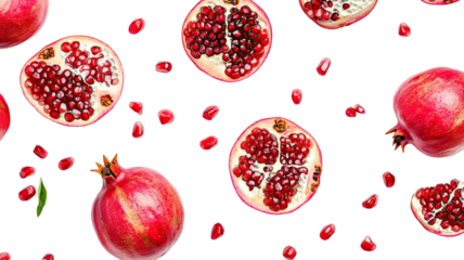 Slice and whole pomegranate fresh ripe red fruit juicy seeds glossy skin macro food photography isolated on white background