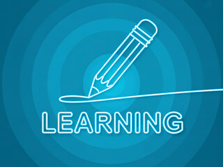 A stylized white outline drawing of a pencil on a blue background with the word learning