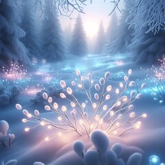 
&ldquo;Tiny glowing light buds growing from frosted branches in a peaceful winter forest, illuminating the snow in soft pastel hues.&rdquo;

