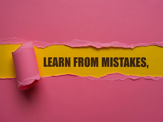 Learning from mistakes message revealed on yellow paper under torn pink background