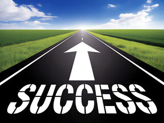 A straight road to success with a guiding arrow through green fields