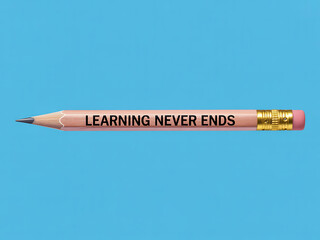A wooden pencil inscribed with the motivational phrase 'learning never ends' on a vibrant blue background