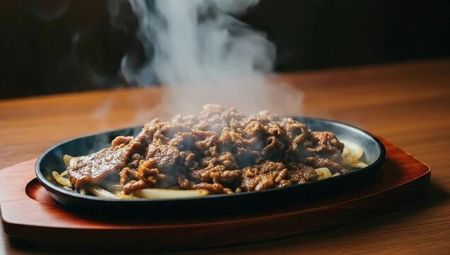 Sizzling Hot Meat Dish Served on a Cast Iron Platter with Steam Rising.