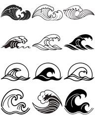 Fototapeta premium Collection of stylized ocean wave icons, surf water symbols, abstract sea wave designs, black silhouette vector art, coastal wave patterns, ocean nature logo vector set