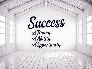 Success checklist: timing, ability, and opportunity factors on a white wall