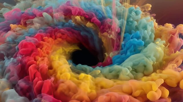 An awe-inspiring abstract animation presents a vivid explosion of colors, as magenta, cyan, yellow, and red liquid or smoke intricately swirls and blends. This dynamic fluid motion coalesces into a ca