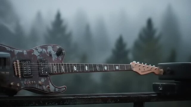 Guitar train composite image against misty forest background