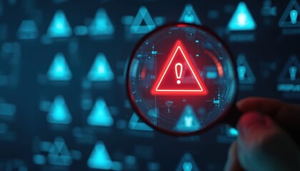 System engineer examines warning sign in digital network. Magnifying glass shows red triangle with exclamation mark. Cyber security issue found in data flow.