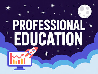 Professional education leading to career growth and success, illustrated by a rocket launch