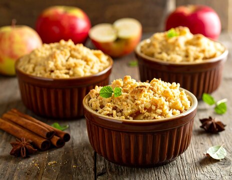 Three ramekins of baked dessert with apples, spices, and topping