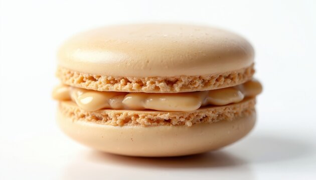 Beige macaron cookie with creamy caramel filling. Light French meringue pastry made with almond flour. Sweet confection treat for dessert lovers.