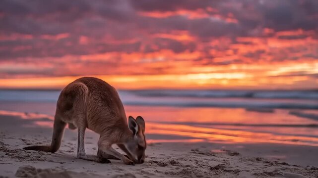 Kangaroo feeding on beach at sunset with vibrant orange and red sky