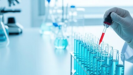 Scientist adds red solution to test tubes with blue liquid in a bright medical lab.