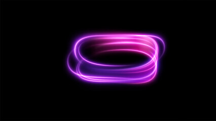 Vector illustration of dynamic, glowing spiral in vibrant neon colors (blue, purple) on black background. Retrofuturistic aesthetic of synthwave, outrun, and 80s retro gaming. Light spiral element