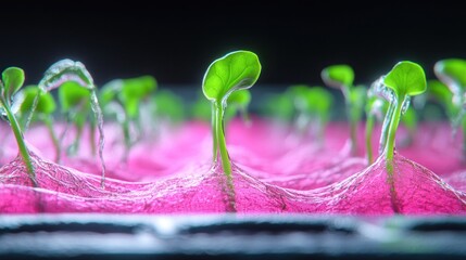 Emerging plants in pink growth medium