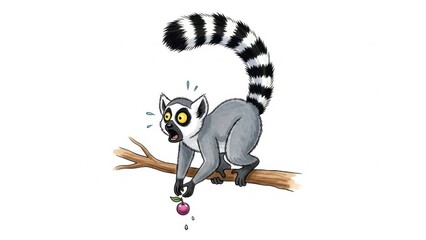 Naklejka premium Gouache Textured Illustration of a Lemur Perched with Tail Arched in Sudden Alarm