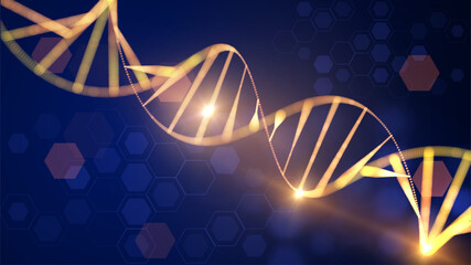 Golden DNA strand with collagen molecules glowing particles. Advanced skincare genetics biotechnology and anti-aging science concept. Luxury cosmetic medical research background.