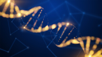 Golden DNA strand with collagen molecules glowing particles. Advanced skincare genetics biotechnology and anti-aging science concept. Luxury cosmetic medical research background.
