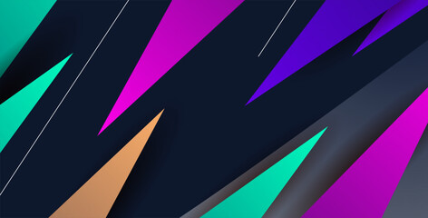 Dark abstract geometric background with sharp diagonal shapes in navy, purple, teal, and orange. Modern high-contrast design with depth and dynamic movement for tech and creative