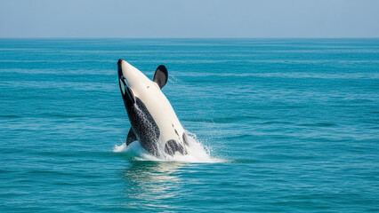 Fototapeta premium Orca whale breaching the surface of the ocean in clear blue waters 