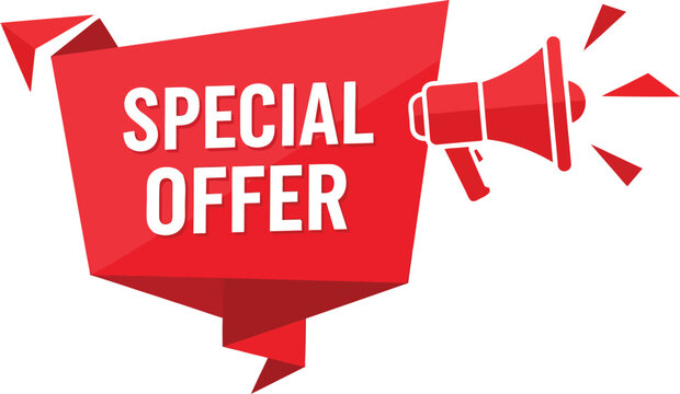 Red origami style banner with Special Offer text and a megaphone icon for promotion.