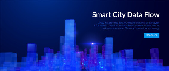 Blue violet futuristic cityscape with big data network flows vector background. Digital transformation metropolis skyline with data particles for technology presentations and fintech visualizations.

