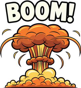 Vibrant cartoon mushroom cloud explosion with a bold BOOM comic book sound effect.