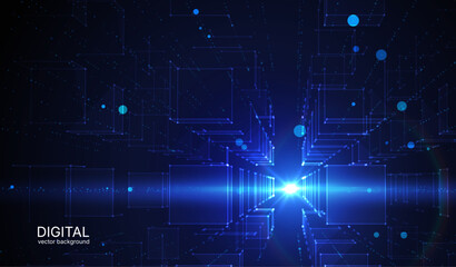 Abstract geometric background of big data space, with grid of square shapes and glowing connection dots. Network infrastructure, data centers, cloud storage mapping, digital communication frameworks