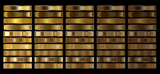 Collection of editable golden gradient samples in vector format, perfect for graphic designers. Perfect for holiday designs, wedding stationery, award certificates and corporate identity projects