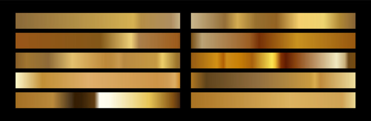 Collection of editable golden gradient samples in vector format, perfect for graphic designers. Perfect for holiday designs, wedding stationery, award certificates and corporate identity projects